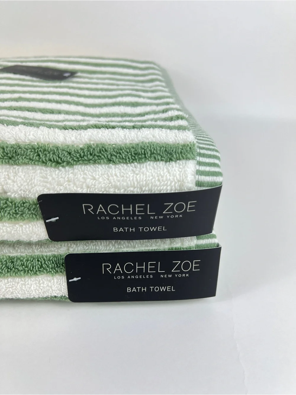 Rachel Zoe Bath Towels Green White Striped Soft Plush 100% Cotton 2 Pc NEW